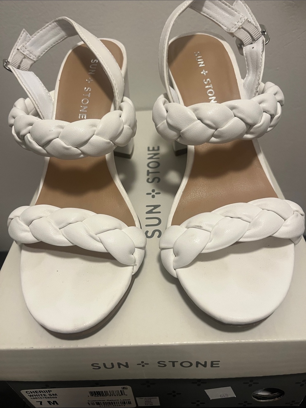 Sun + Stone White Braided Strap Block Heel Sandals